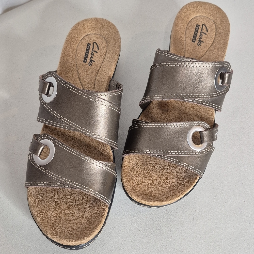 Clarks Collection Hayla Acadia Pewter Metallic Leather Slide Sandal - Size 8.5